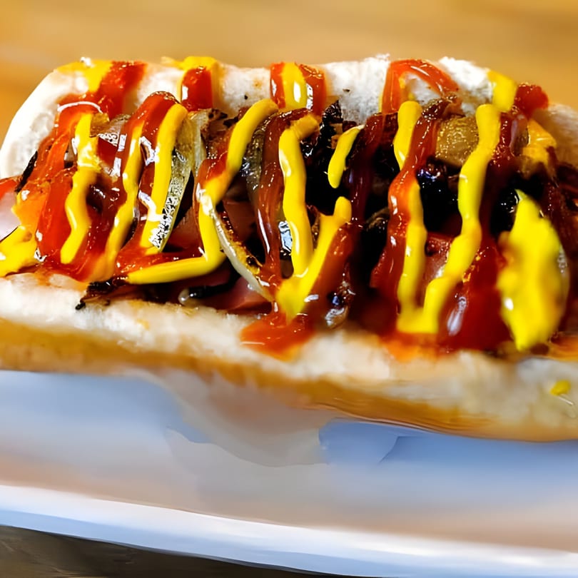 A Mexican-style hot dog with grilled onions, mustard, and ketchup on a white plate.